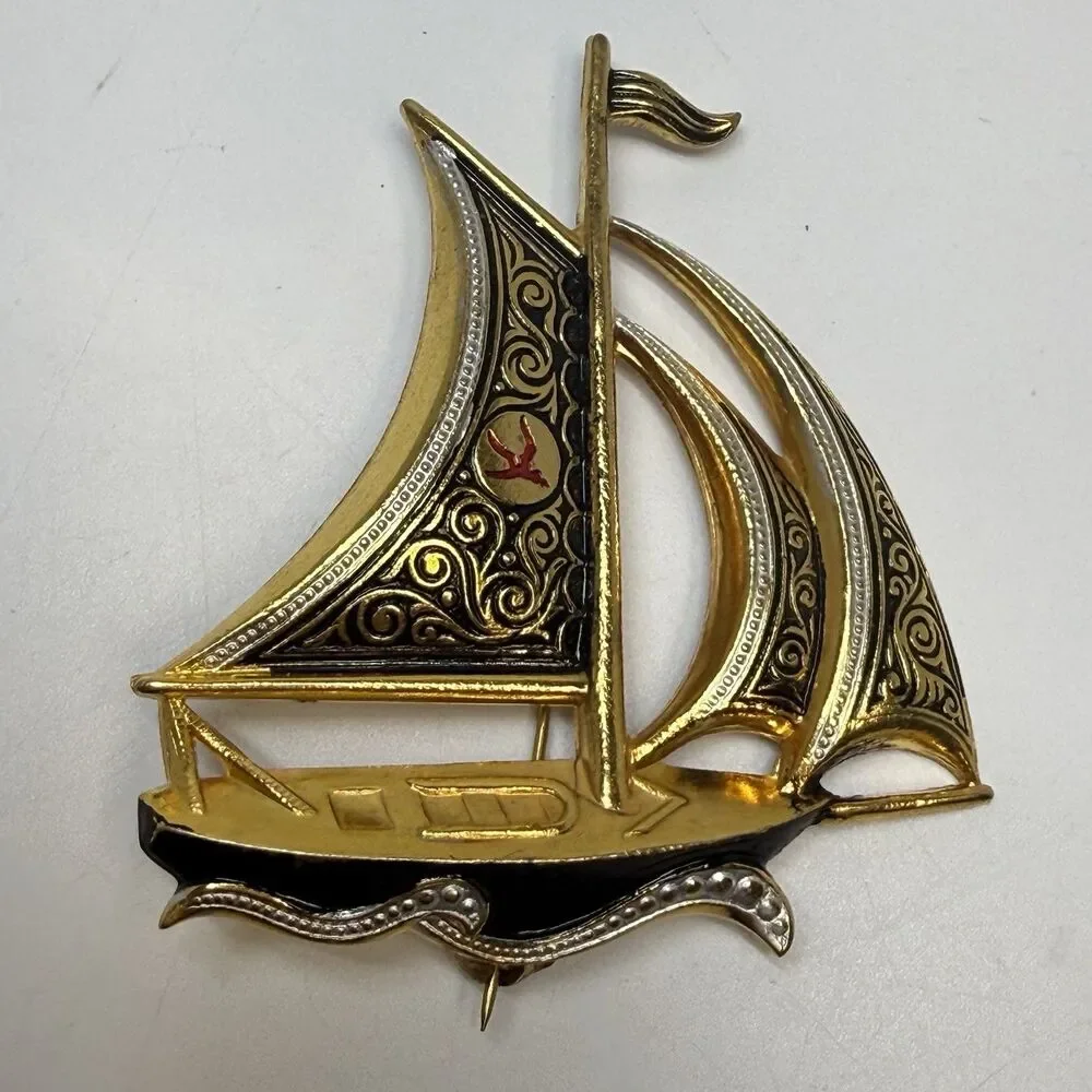 Vintage Spanish Damascene Sailboat Brooch